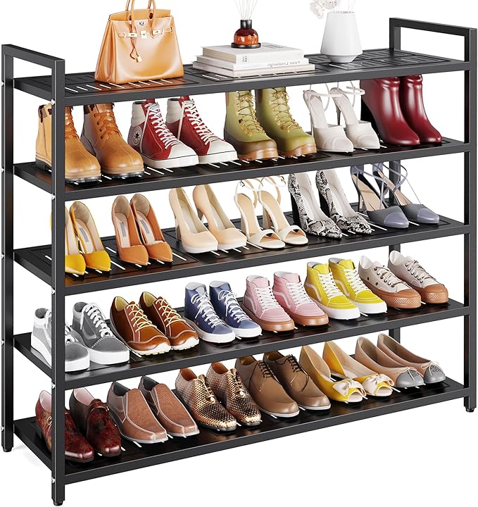 5-Tier Shoe Rack, Large Capacity Metal Free Standing Shoes Rack, Sturdy and Durable Shoe Organizer, Shoe Shelf for Closet, Entryway, Bedroom, for 28-30 Pairs, 42.1" W x 9.8" D x 35.4" H, Black