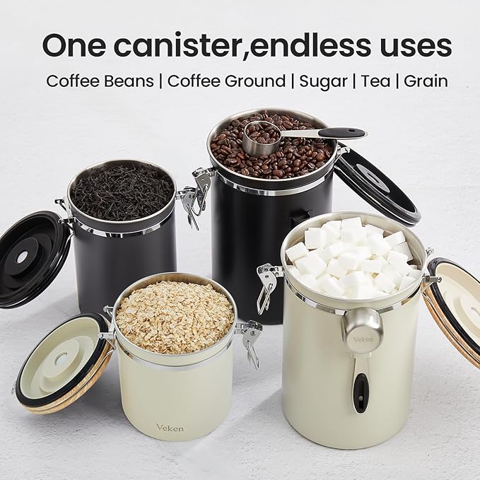 Veken Coffee Canister, Airtight Stainless Steel Kitchen Food Storage Container with Date Tracker and Scoop for Beans, Grounds, Tea, Flour, Cereal, Sugar, Cookie, 16OZ, Cream