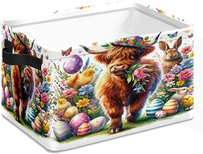 Highland Cow Easter Rabbit Chicken Storage Basket Large Foldable Storage Bin Cube Collapsible Organizer for Pantry Bedroom Decor