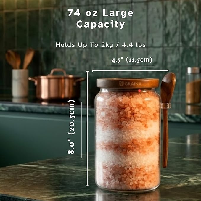 Large Bath Salt Container with Scoop | 74 oz Bath Salt Jar with Lid & Scoop | Airtight Glass Canister, Premium Dark Acacia Lid, Bathroom Storage, Sugar & Coffee Canister, Home Storage