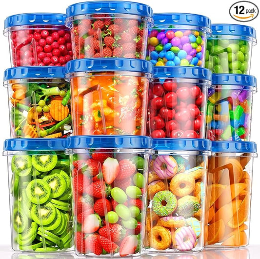 BiuLeon 12 Pack- 34/24/17oz Freezer Storage Containers, Plastic Food Storage Containers with Twist Top Lids, BPA Free and Reusable Soup Containers with Lids, Leakproof/Microwave/Dishwasher Safe