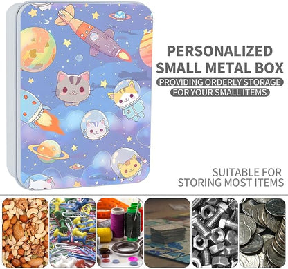 Metal Tin Box Sturdy Metal Storage Box with Lid, Large Container Holder for TCG Cards,Car Keys,Cookies,Tin Containers for Gift,5.0x3.7x1.6 Inch,Exquisite Pattern Design(Cartoon Cat)