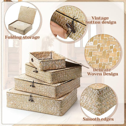Didaey Set of 4 Seagrass Basket with Lid Wicker Storage Basket Decorative Storage Boxes with Lids Flat Storage Bins Woven Organizer Baskets for Shelf Closet Bedroom, 4 Sizes (White)