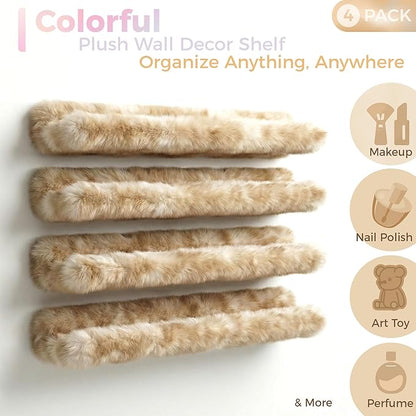 Care&More YJ 15 Inch Nail Polish Shelves, 4-Pack Fuzzy Display Nail Polish Rack for Storing Nail Bottles, Sunglasses, Essential Oils, Plush Soft (Brown)