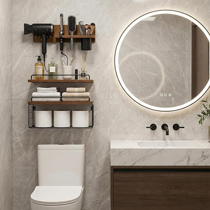 3-Tier Bathroom Floating Shelves with Curling Iron Holder & Hair Tool Organizer, Wall Mounted Rustic Wood Storage Rack Over Toilet with Hair Dryer Holder for Bathroom Decor & Organization