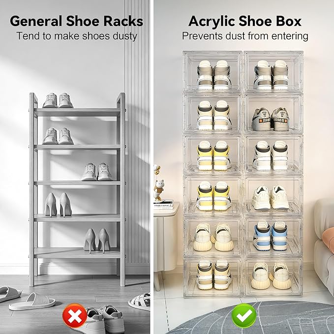 BVBOX 12 Pack Acrylic Shoe Storage Boxes with Magnetic Door - 360° Clear Stackable Shoe Display Box Set, Plastic Shoe Cabinet Rack Box for Sneakers Heels Shoes (12, Clear, L - Front Open)