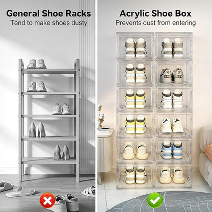 BVBOX 12 Pack Acrylic Shoe Storage Boxes with Magnetic Door - 360° Clear Stackable Shoe Display Box Set, Plastic Shoe Cabinet Rack Box for Sneakers Heels Shoes (12, Clear, L - Front Open)