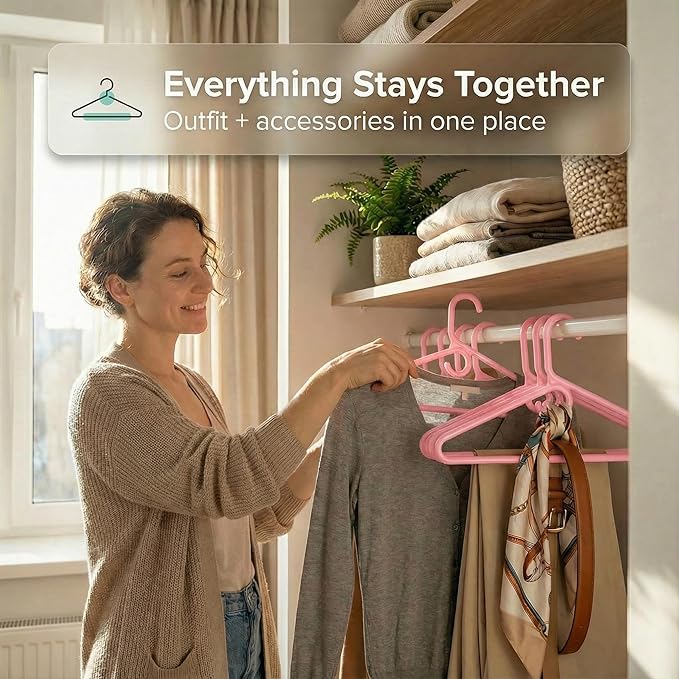 DEILSY™ Pink Heavy Duty Hangers with Hooks for Scarves & Belts – Thick and Strong Clothes Hangers for Shirts, Jackets, Pants, and Dresses – Space-Saving Plastic Hangers – Pack of 50