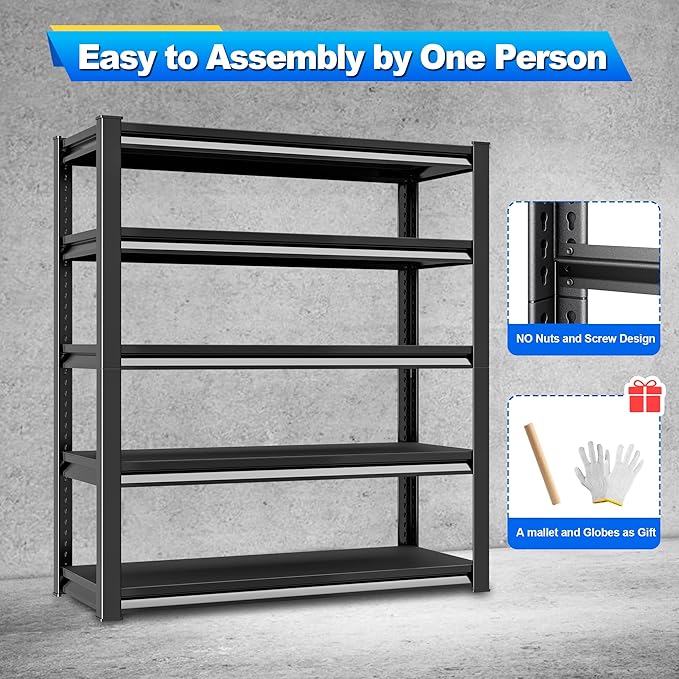 Garage Shelving Heavy Duty，Large Loads Adjustable Garage Storage Shelves, Metal Storage Racks and Shelving Units, Utility Rack Shelves,47.2”W x 18”D x 78”H, Black