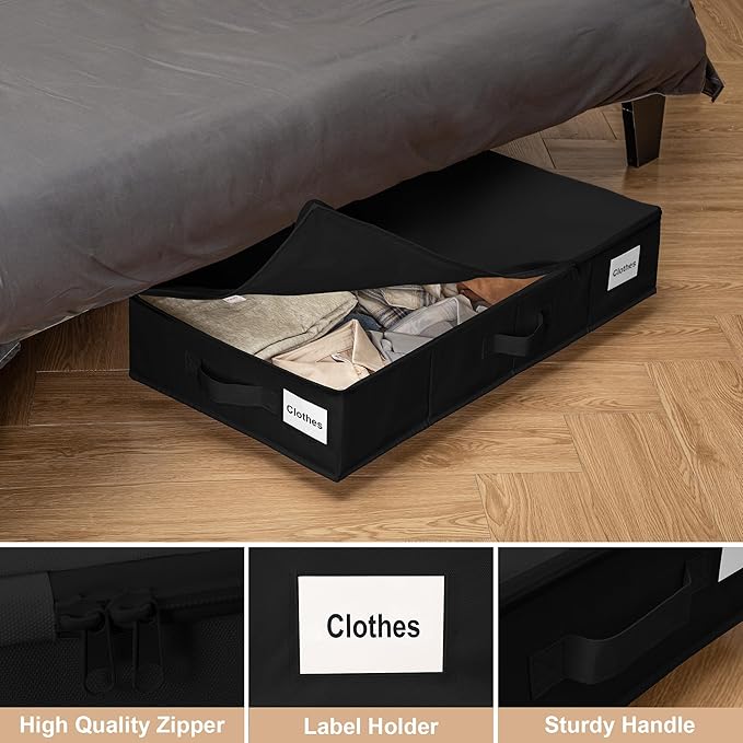 Vincona Under Bed Storage with Wheels, Rolling Under Bed Storage Containers with Label Holders for Clothes, Shoes and Blankets, Underbed Shoe Organizer with Cover, 2 Pack Black (30.71x15.7x7.28 in)