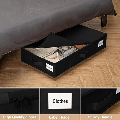 Vincona Under Bed Storage with Wheels, Rolling Under Bed Storage Containers with Label Holders for Clothes, Shoes and Blankets, Underbed Shoe Organizer with Cover, 2 Pack Black (30.71x15.7x7.28 in)