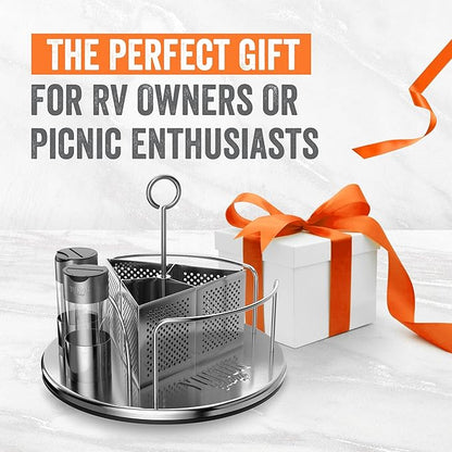 Yukon Glory Stainless Steel Rotating Condiment Caddy, Lazy Susan Utensil Caddy with Napkin Holder, BBQ Grill Caddy for Outdoor Patio Table & Picnic