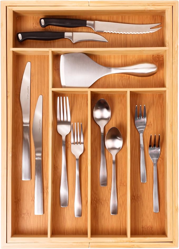 BergHOFF Bamboo 8-Slot Expandable Flatware Organizer, Expand between 12.75" to 18.5