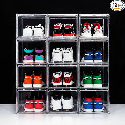 12 Pack Shoe Boxes, Clear Acrylic Stackable Plastic Sneaker Box Container, Magnetic Drop & Side Open Shoe Organizer Case Container With Lids Fits Up to Size 14 (Clear)