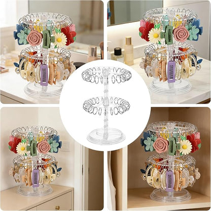 2-Tier Acrylic Claw Clip Organizer Rack with Tray, Large Rotatable Capacity Hair Claw Clips Holder for Bathroom Bedroom, Durable Clear Hair Accessories Organizer Storage with 48 Metal Rings