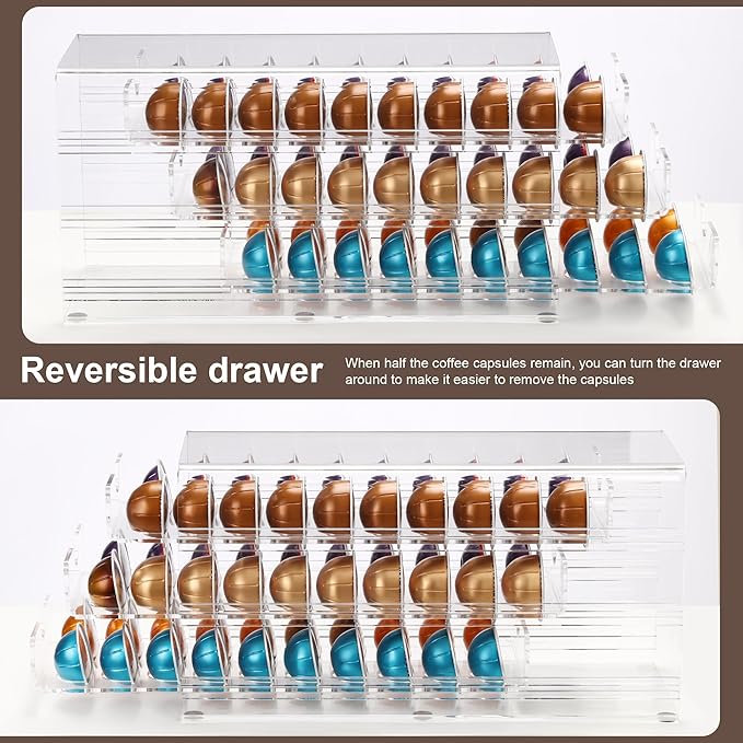 3 Layers Clear Acrylic Coffee Pod Drawer for Nespresso Vertuo 60 Pod Double Sided Pull Out Organizer