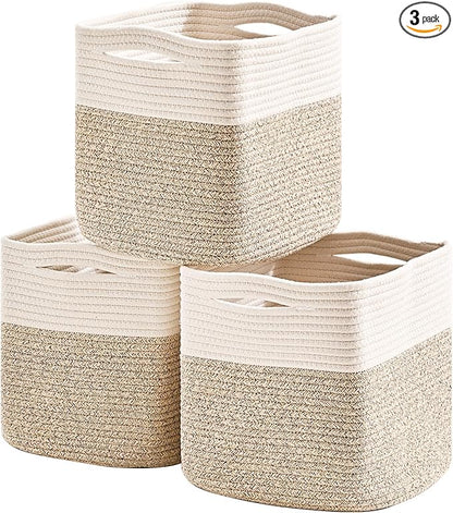 11 Inch Cube Storage Bins, 11x11 Organization Bins for Cube Organizer, Square Cloth Storage Cubes, Woven Storage Baskets for Shelves, Toy Baskets Storage Kids, Off White & Brown (Pack of 3)