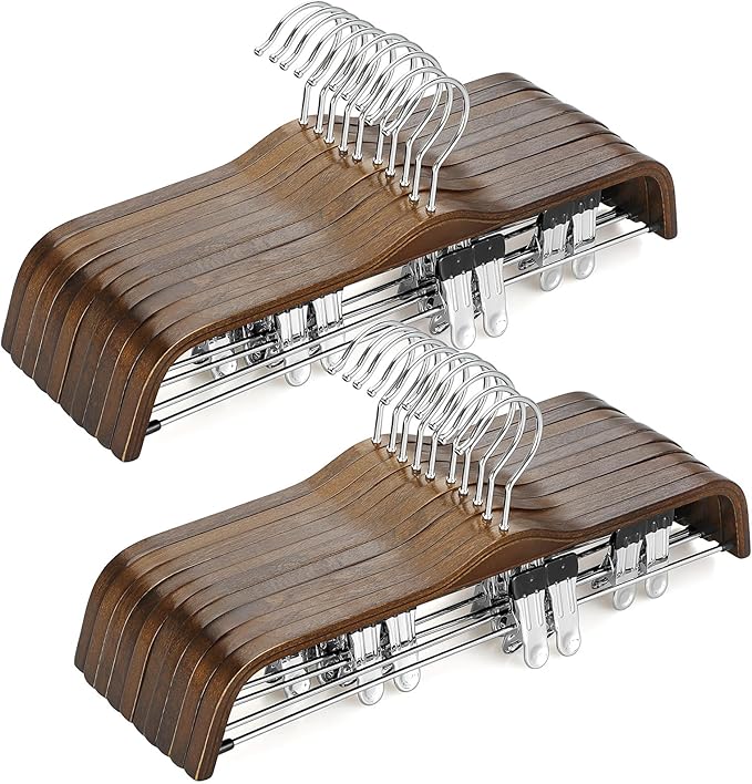 TOPIA HANGER Wooden Pants Hangers, Slim Natural Wood Skirt Hangers with Anti-Rust Hook and Adjustable Metal Clips, Perfect for Skirts, Pants, Slacks-20 Pack-CT17A20