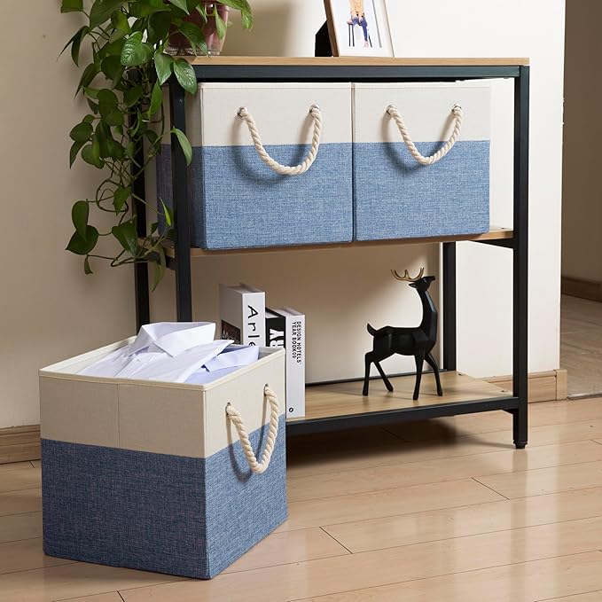 PRANDOM Large Foldable Cube Storage Bins 13x13 inch [2-Pack] Fabric Linen Storage Baskets Cubes Drawer with Cotton Handles Organizer for Shelves Nursery Closet Bedroom Beige/Blue