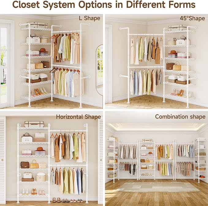 L2 Wall Mounted Closet System, Industrial Pipe Clothing Rack Clothes Racks with 2 Telescopic Rod & 6 Shelves, Heavy Duty Closet Organizers System in Wardrobe Closet, White