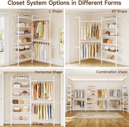 L2 Wall Mounted Closet System, Industrial Pipe Clothing Rack Clothes Racks with 2 Telescopic Rod & 6 Shelves, Heavy Duty Closet Organizers System in Wardrobe Closet, White