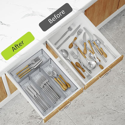 Neudeco Drawer Organizer Set 5 Pack - 4-Compartment Silverware Organizer Tray + 4 Utensil Trays, Kitchen Drawer Organizer for Flatware, Cutlery, Office Supplies, Silver Mesh, Non-Slip,Silver