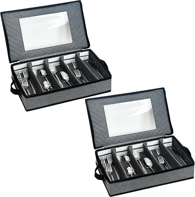 2 Pack Flatware Utensil Storage - Sturdy Silverware Storage Box with Dividers, 5 Compartment Flatware Storage Case with Handles and Removable Lid for Moving&Protected(Dark Gray)