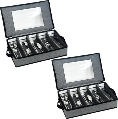 2 Pack Flatware Utensil Storage - Sturdy Silverware Storage Box with Dividers, 5 Compartment Flatware Storage Case with Handles and Removable Lid for Moving&Protected(Dark Gray)