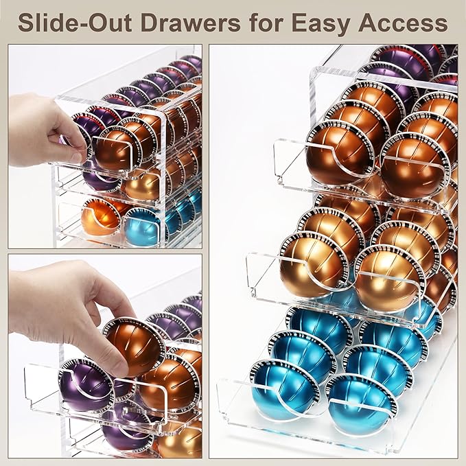 3 Layers Clear Acrylic Coffee Pod Drawer for Nespresso Vertuo 60 Pod Double Sided Pull Out Organizer