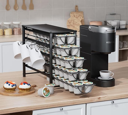 HFHOME Coffee Pod Holder For Counter, Pod Holder for K-cups, 5-tier Metal Coffee Capsule Storage Drawer, 70 Capacity Pods Organizer for Cafe Counter, Home, Office or Kitchen,3 cup rack, Black