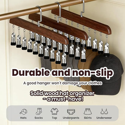 Closet Organizer with 10 Clips, Space Saving Hanging Closet Organizer, Space-Saving Closet Organizers and Storage with Sturdy Steel Non-Slip Clips (1, Natural Wood+Vintage)