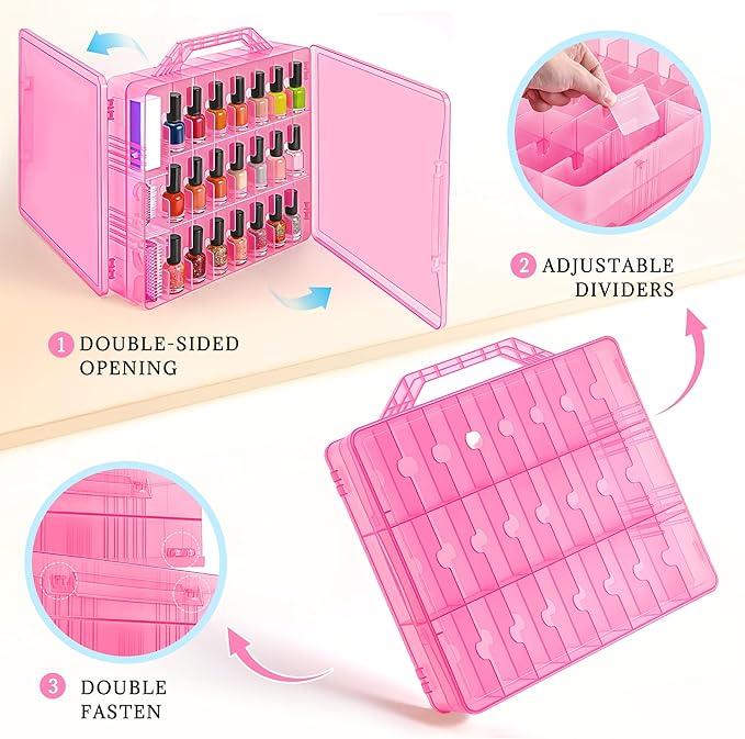 DreamGenius Nail Polish Organizer Case for 48 Bottles with 2 Nail Separators, Double Side Gel Nail Polish Holder with Adjustable Dividers, Pink