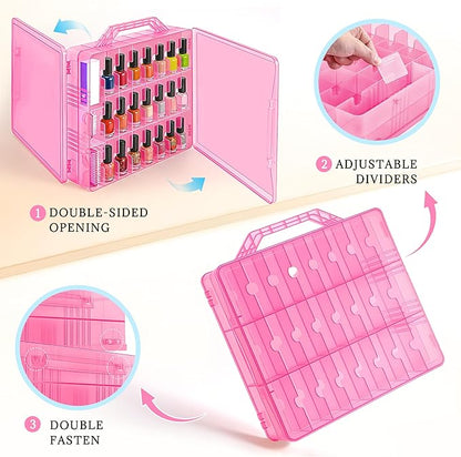DreamGenius Nail Polish Organizer Case for 48 Bottles with 2 Nail Separators, Double Side Gel Nail Polish Holder with Adjustable Dividers, Pink