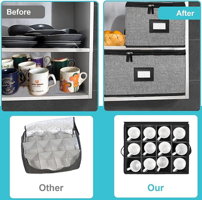 5 PACK China Storage Containers-Quilted Mug Storage and Moving Boxes for Dishes,Dish Packing Supplies for Moving,Dinnerware &Accessories,Holds a total of 48 plates (4 sizes) and 12 cups(Grey)