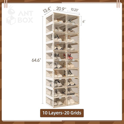 ANTBOX Foldable Shoe Rack,Shoe Organizers for Closet Plastic Shoe Storage Box for Entryway,Living Room,Large Sturdy Stackable Sneaker Cabinet Bins with Magnetic Clear Door 10 Tiers 20 Pairs