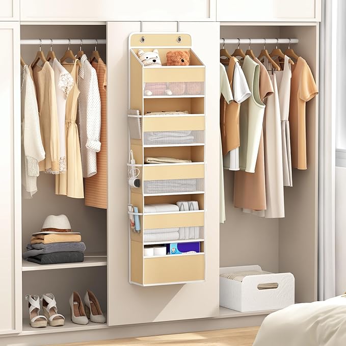 Kaitiemoo 1 Pack 5-Tier Over the Door Organizer, Heavy-Duty Large Deep Pocket Hanging With 5 Large Front & 6 Side Pockets With for Pantry, Kitchen, Bathroom, Dorm, Beige