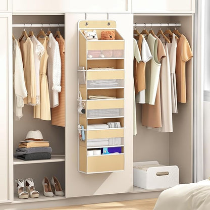 Kaitiemoo 1 Pack 5-Tier Over the Door Organizer, Heavy-Duty Large Deep Pocket Hanging With 5 Large Front & 6 Side Pockets With for Pantry, Kitchen, Bathroom, Dorm, Beige