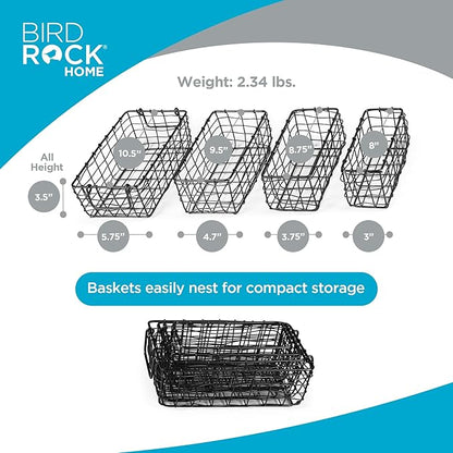 BIRDROCK HOME Wire Storage Basket Set - Iron Baskets for Organizing, Kitchen Pantry Shelves, Rectangle Bins for Bathroom, Closet, Utility, Office, Farmhouse Countertop Organization - Black - 4pc