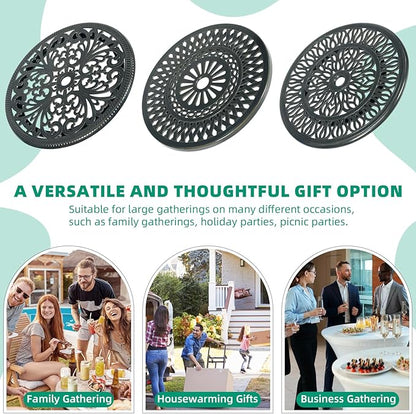 VIVIJASON 24" Cast Aluminum Lazy Susan Turntable, 360° Rotating Display Tray with Silent Bearings, Round Table Top Swivel Serving Plate with Umbrella Hole for Outdoor Dining Table, Floral Style