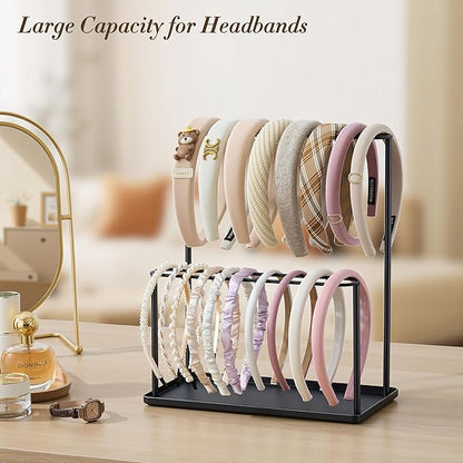 Headband Holder Organizer Metal 2-Tier with Tray: Hair Accessories Display Stand Storage Hairband Rack Necklace Stand Home Bedroom for Girls Women, Black