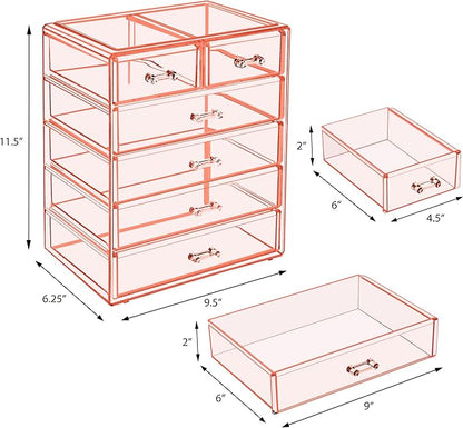 Sorbus Acrylic Makeup Organizer Set, 6-Drawer Vanity & Countertop Cosmetic Storage with Small & Wide Drawers, Pink Makeup Storage for Brushes, Lipsticks, Jewelry – Holiday Gift for Women & Teens