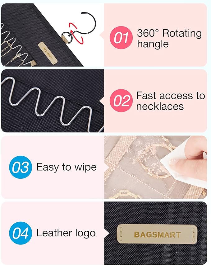 BAGSMART Hanging Jewelry Organizer Storage Roll with Hanger Metal Hooks Double-Sided Jewelry Holder for Earrings, Necklaces, Rings on Closet, Wall, Door, 1 piece, Large, Black