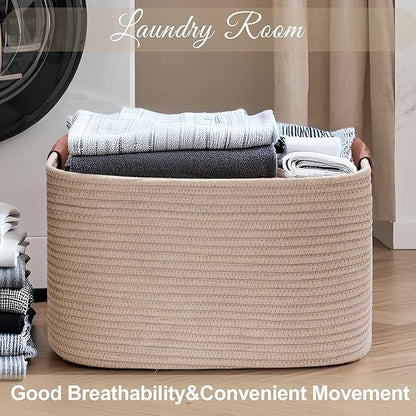 Large Cotton Rope Storage Basket with Leather Handles, Laundry Hamper Basket, 20 "L x 14" W x 12 "H, Durable & Stylish Organizer for Home.(Large Khaki)