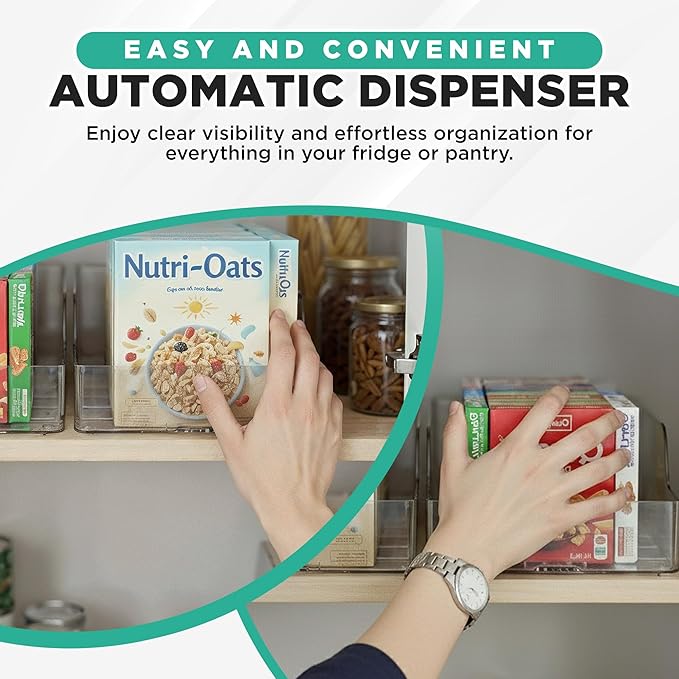 Oizeir Automatic Food Storage Organizer - Clear Pantry Organizer With Automatic Dispenser For Refrigerator - Drink & Food Holder For Fridge - Organizing Rack Kitchen & Pantry (Large) (1-Pack)