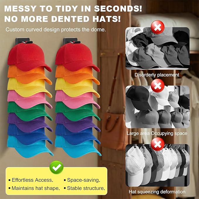2 Pack MultiLayer Hat Organizer for Baseball Caps, Holds 16 Hats, Hat Hook for Wall, Dual Mount (Adhesive/Screws), Space Saving Cap Organizer for Walls & Doors