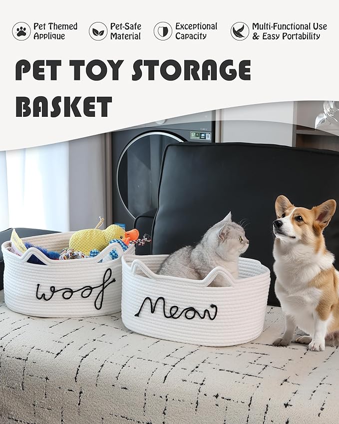 Sea Team Cat Toy Basket with Handles, 16.5 x 11 x 7 Inches, 4.4 Gallons Large Cotton Rope Storage Bin, Box, Shelf Organizer for Pet Chew Toys, Foods, White Meow