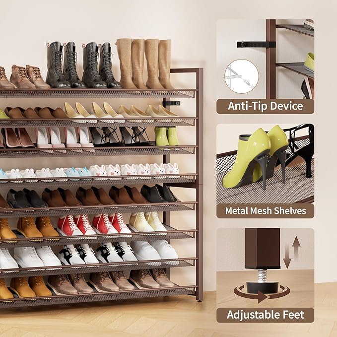Metal Shoe Rack,Large 8 Tier Shoe Organizer, Heavy Duty Metal 4-Tier Stackable Shoe Storage Vertical Shoe Rack for Closet Front Door,Entrance,Entryway,Garage,Up to 50 Pairs,Bronze