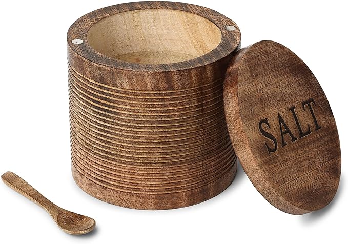 dudki Wooden Salt Box (5 inch x 5 inch) with Magnetic Lid With Wooden Spoon| 800 ML Round Container| Bowl Pot Jar | Textured Salt Box| Kitchen Home| Seasonings