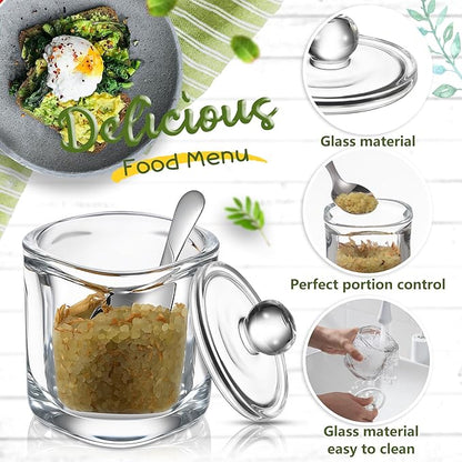 Reallnaive 2 Set Glass Salt Cellar with Lid and Spoon Container for Kosher, Sea, Himalayan Salt, Candy, Pepper, Heavyweight Seasoning Jar, Dishwasher Safe, 8.7oz (White)