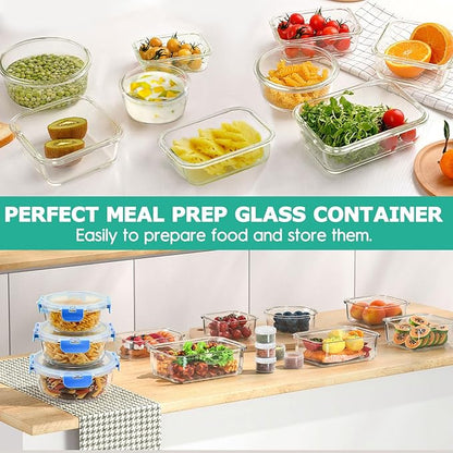 34pcs Glass Food Storage Containers with Lids Set, Airtight Glass Meal Prep Containers (17 Containers & 17 Lids), Leak Proof Lunch Container BPA-Free, Microwave, Oven, Freezer, Dishwasher Safe-Blue